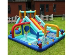 Castelo insuflável com escorrega de água duplo para crianças - 365 x 450 x 217 cm - Oxford - com soprador - Azul