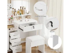 Cavaleiro com espelho e Pouf - 4 gavetas e 4 prateleiras - branco - 87 x 40 x 144 cm