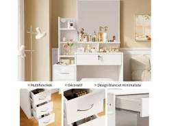Cavaleiro com espelho e Pouf - 4 gavetas e 4 prateleiras - branco - 87 x 40 x 144 cm