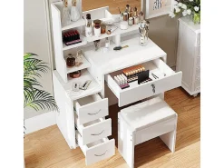 Cavaleiro com espelho e Pouf - 4 gavetas e 4 prateleiras - branco - 87 x 40 x 144 cm