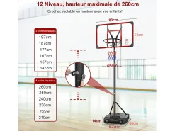 Cesta de basquete, altura ajustável 147-260cm, com 83x53cm de parede traseira PC e base aumentada, 2 rodas, para crianças/adultos-86x83x260cm