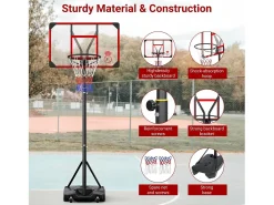 Cesta de basquete, altura ajustável 147-260cm, com 83x53cm de parede traseira PC e base aumentada, 2 rodas, para crianças/adultos-86x83x260cm