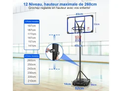 Cesta de basquete, altura ajustável 147-260cm, com 83x53cm de parede traseira PC e base aumentada, 2 rodas, para crianças/adultos-86x83x260cm