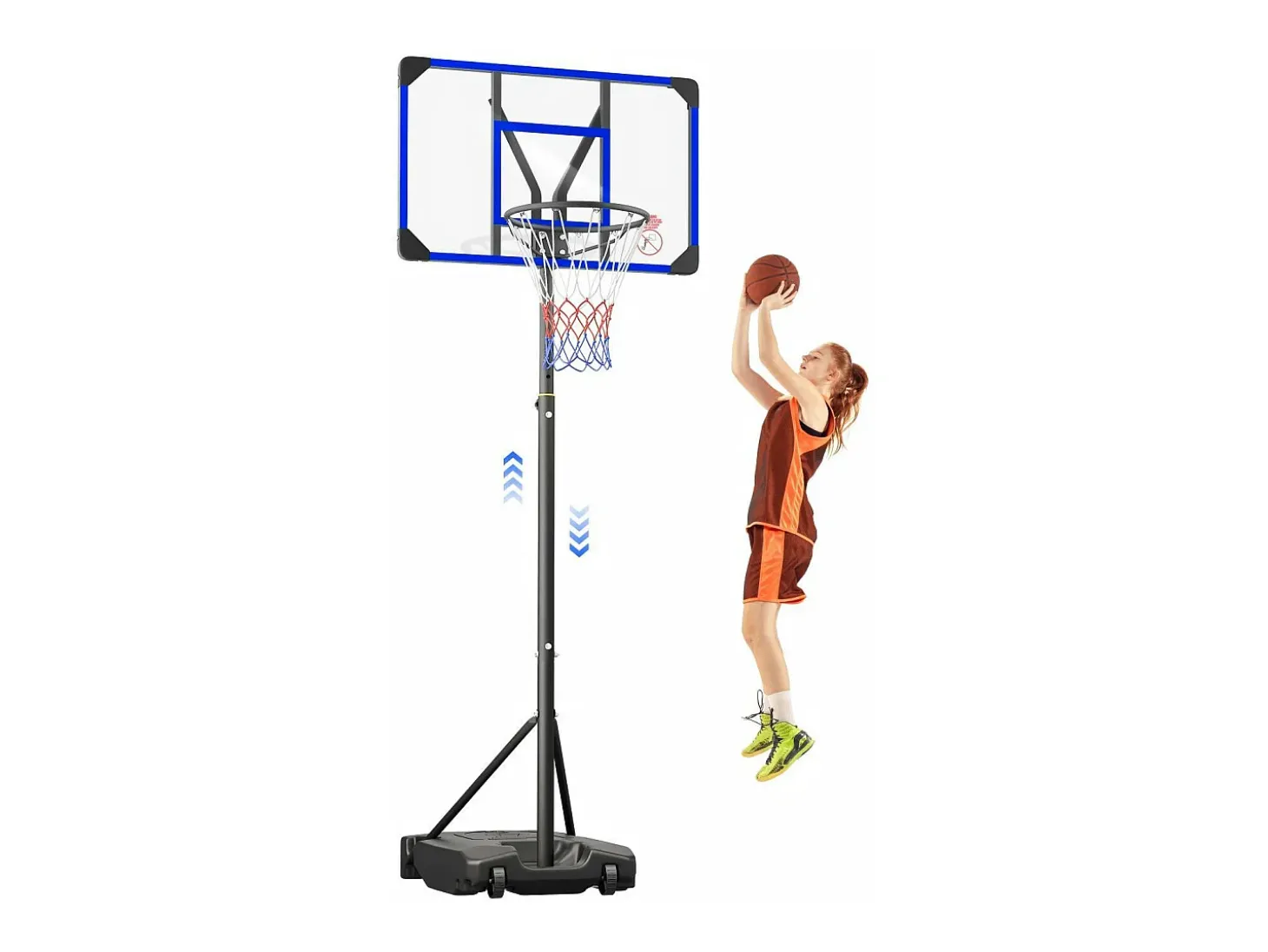 Cesta de basquete, altura ajustável 147-260cm, com 83x53cm de parede traseira PC e base aumentada, 2 rodas, para crianças/adultos-86x83x260cm