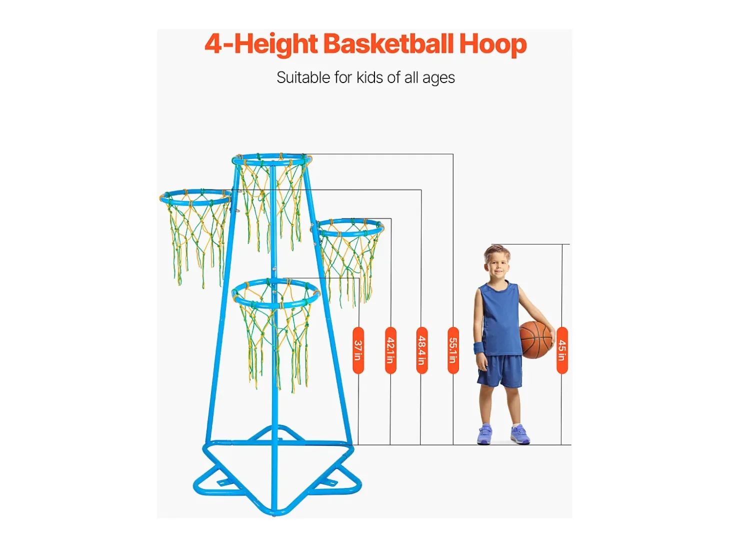 Cesta de Basquetebol SucceBuy Cesto de Basquetebol Infantil, Suporte Portátil com 4 Aros e Altura Ajustável
