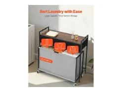 Cesto de Ropa Suja SucceBuy Cesto de Roupa com 3 Compartimentos e Rodas, Equipado com Saco Extensível, Tampo em Madeira, 2 Gavetas e Ganchos