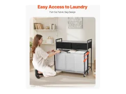 Cesto de Ropa Suja SucceBuy Cesto de Roupa com 3 Compartimentos e Rodas, Equipado com Saco Extensível, Tampo em Madeira, 2 Gavetas e Ganchos