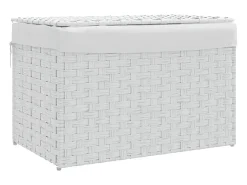 Cesto de Roupa Branco em Resina Trançada 55,5x35x34cm com Tampa e Saco Interior Removível