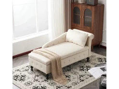 Chaise longue para sala de estar - 144 x 62 x 69 cm - com arrumação + almofadas + apoio de braço direito - veludo - bege