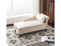 Chaise longue para sala de estar - 144 x 62 x 69 cm - com arrumação + almofadas + apoio de braço direito - veludo - bege