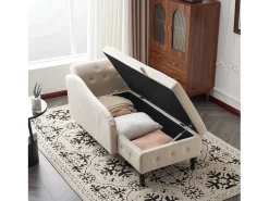 Chaise longue para sala de estar - 144 x 62 x 69 cm - com arrumação + almofadas + apoio de braço direito - veludo - bege