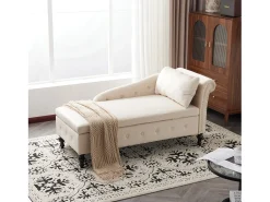 Chaise longue para sala de estar - 144 x 62 x 69 cm - com arrumação + almofadas + apoio de braço direito - veludo - bege