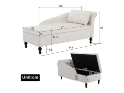 Chaise longue para sala de estar - 144 x 62 x 69 cm - com arrumação + almofadas + apoio de braço direito - veludo - bege