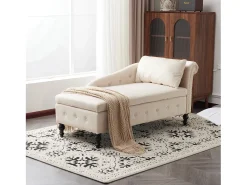 Chaise longue para sala de estar - 144 x 62 x 69 cm - com arrumação + almofadas + apoio de braço direito - veludo - bege