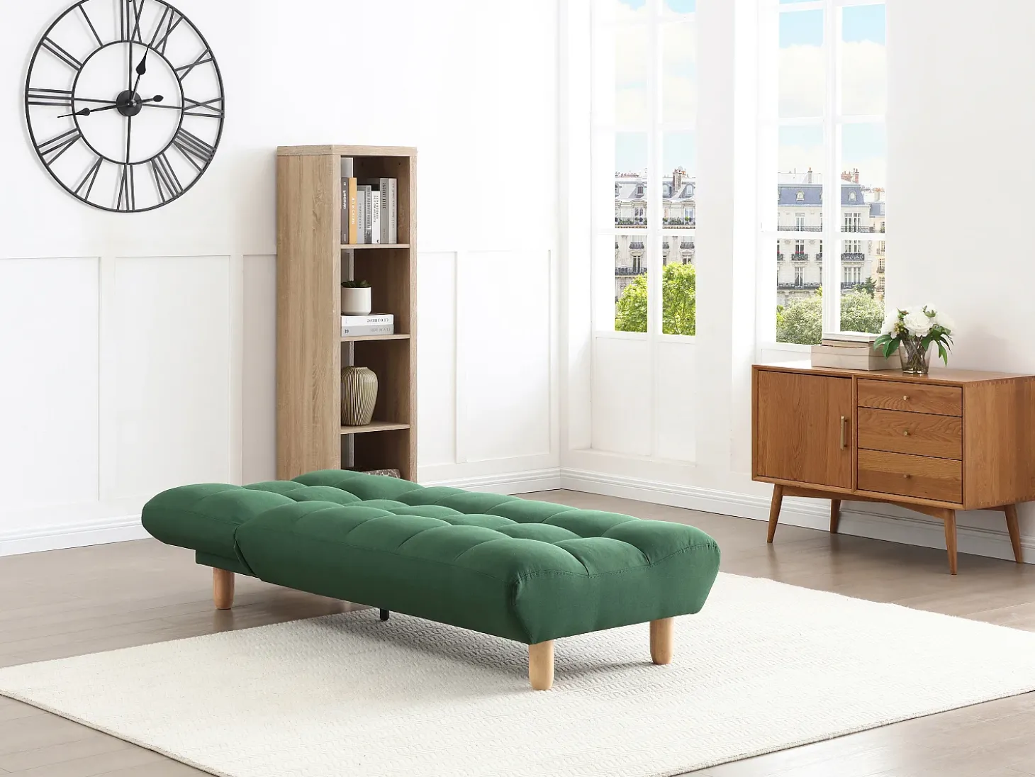 Chaise-longue sofá-cama em tecido de cor verde ESTEBAN