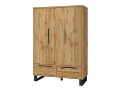 Chambre compléte style industriel collection MILOS : armoire 3 portes, lit 180x200, commode, chevets, chêne brut et noir