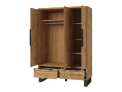 Chambre compléte style industriel collection MILOS : armoire 3 portes, lit 180x200, commode, chevets, chêne brut et noir