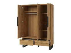 Chambre compléte style industriel collection MILOS : armoire 3 portes, lit 160x200, commode, chevets, chêne brut et noir