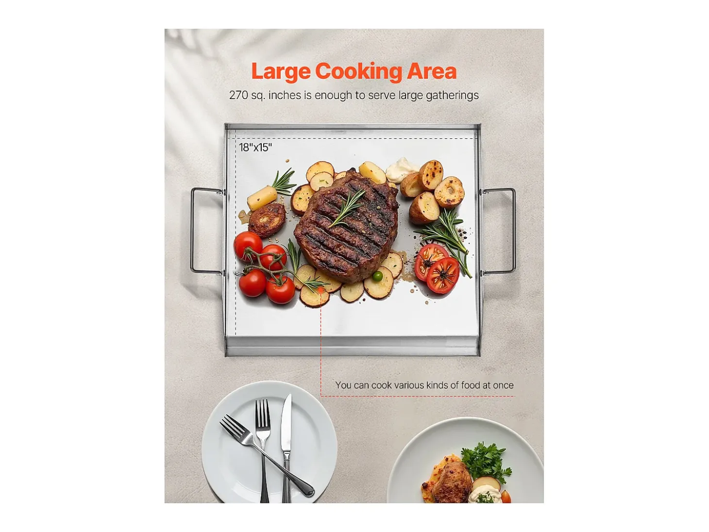 Chapa para Grelhar, SucceBuy Chapa para Churrasco em Aço Inoxidável, Superfície Plana 448 × 370 mm