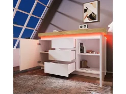 Cômoda 3 Gavetas - com LED Ajustável e Prateleiras - 2 Portas Brilhante Branco 140x39x81cm