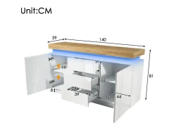 Cômoda 3 Gavetas - com LED Ajustável e Prateleiras - 2 Portas Brilhante Branco 140x39x81cm