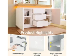 Cômoda 3 Gavetas - com LED Ajustável e Prateleiras - 2 Portas Brilhante Branco 140x39x81cm