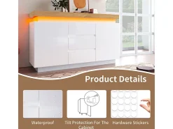 Cômoda 3 Gavetas - com LED Ajustável e Prateleiras - 2 Portas Brilhante Branco 140x39x81cm