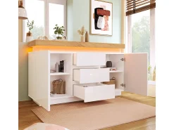 Cômoda 3 Gavetas - com LED Ajustável e Prateleiras - 2 Portas Brilhante Branco 140x39x81cm
