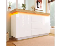 Cômoda 3 Gavetas - com LED Ajustável e Prateleiras - 2 Portas Brilhante Branco 140x39x81cm