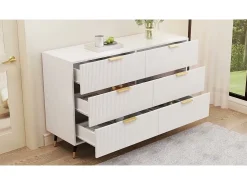 Cômoda 6 Gavetas - com Puxadores e Pés Dourados - Superfície Ondulada - Branco 120x40x77cm