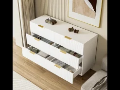 Cômoda 6 Gavetas - com Puxadores e Pés Dourados - Superfície Ondulada - Branco 120x40x77cm