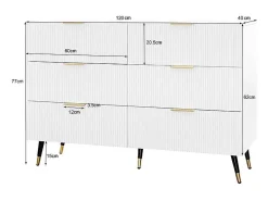 Cômoda 6 Gavetas - com Puxadores e Pés Dourados - Superfície Ondulada - Branco 120x40x77cm