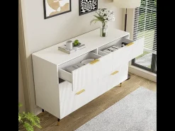 Cômoda 6 Gavetas - com Puxadores e Pés Dourados - Superfície Ondulada - Branco 120x40x77cm