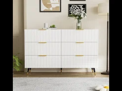 Cômoda 6 Gavetas - com Puxadores e Pés Dourados - Superfície Ondulada - Branco 120x40x77cm
