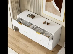 Cômoda 6 Gavetas - com Puxadores e Pés Dourados - Superfície Ondulada - Branco 120x40x77cm