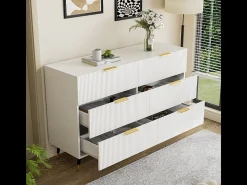 Cômoda 6 Gavetas - com Puxadores e Pés Dourados - Superfície Ondulada - Branco 120x40x77cm