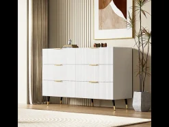 Cômoda 6 Gavetas - com Puxadores e Pés Dourados - Superfície Ondulada - Branco 120x40x77cm