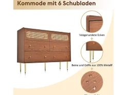 Cômoda 6 Gavetas - com Puxadores e Pés Metal Dourados - Cantos Arredondados Nogueira 120x40x90cm