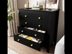 Cômoda 5 Gavetas - com Puxadores Dourados - Pés Reforçados - Preto 79x39.5x80.5cm