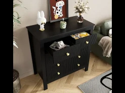 Cômoda 5 Gavetas - com Puxadores Dourados - Pés Reforçados - Preto 79x39.5x80.5cm