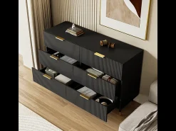 Cômoda 6 Gavetas - com Puxadores e Pés Dourados - Superfície Ondulada - Preto 120x40x77cm