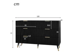 Cômoda 6 Gavetas - com Puxadores e Pés Dourados - Superfície Ondulada - Preto 120x40x77cm