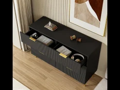 Cômoda 6 Gavetas - com Puxadores e Pés Dourados - Superfície Ondulada - Preto 120x40x77cm