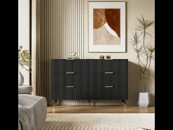 Cômoda 6 Gavetas - com Puxadores e Pés Dourados - Superfície Ondulada - Preto 120x40x77cm