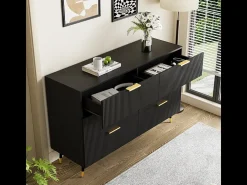 Cômoda 6 Gavetas - com Puxadores e Pés Dourados - Superfície Ondulada - Preto 120x40x77cm