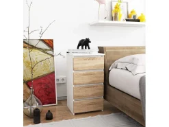 Cômoda 4 Gavetas Branco/Carvalho de Sonoma - 40x74x35 cm - Laminada com Bloco de Gaveta