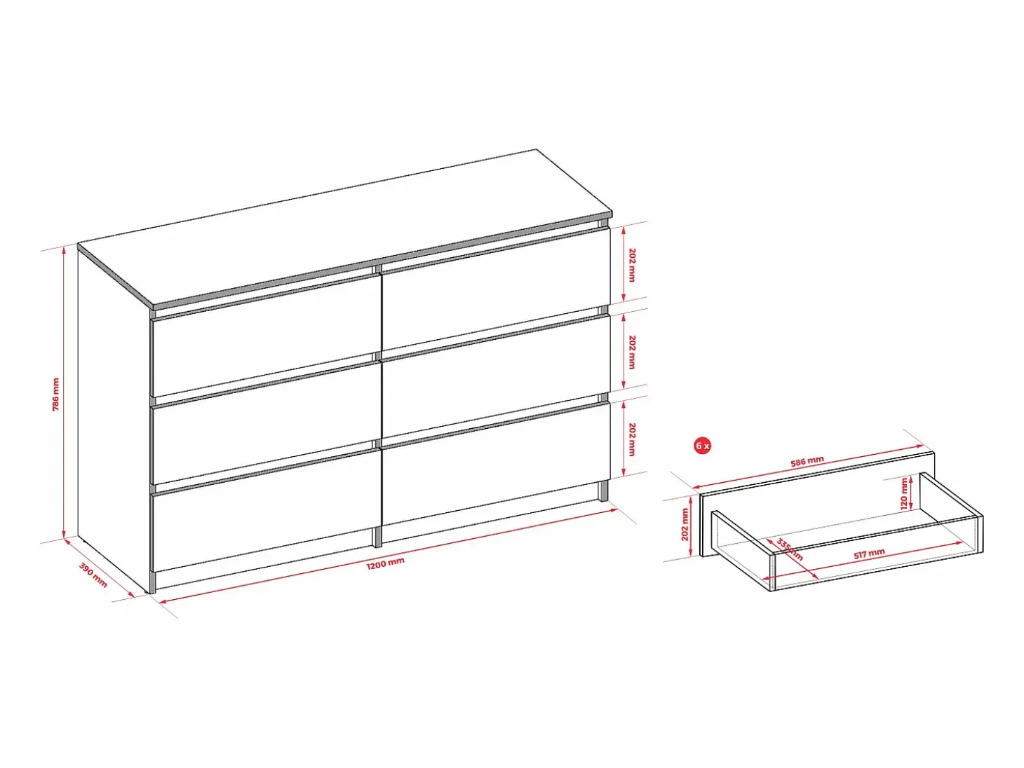 Cómoda 6 gavetas, Carvalho Wotan, 120 x 39 x 79 cm