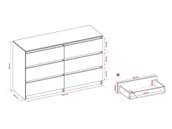 Cômoda: 6 gavetas, caxemira, 120 x 39 x 79 cm