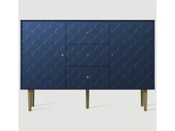 Cômoda 3 Gavetas, com 2 Portas e Pés Metal, Motivo Escamas, Cantos Arredondados, Azul 120x40x83cm