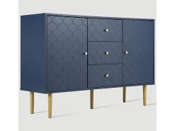 Cômoda 3 Gavetas, com 2 Portas e Pés Metal, Motivo Escamas, Cantos Arredondados, Azul 120x40x83cm
